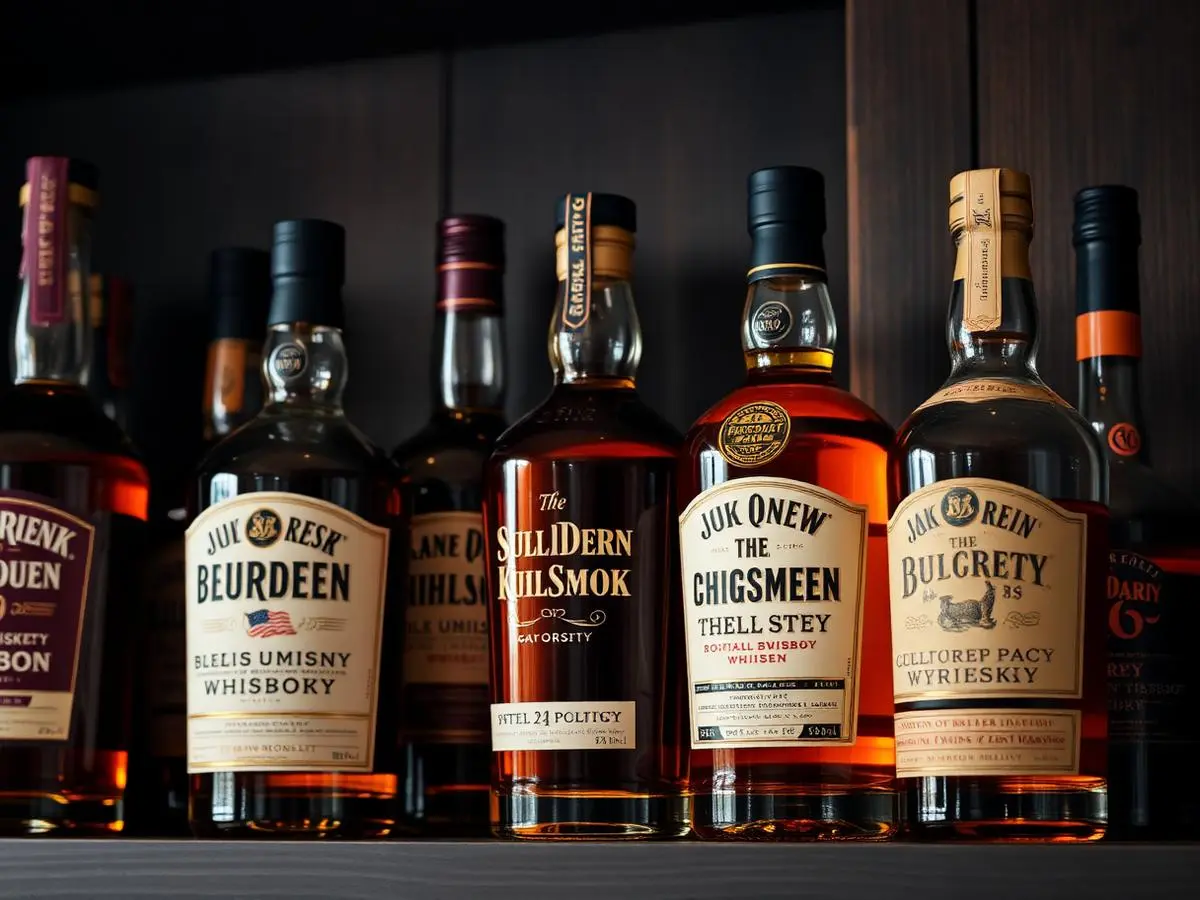 Bourbon and whiskey bottles lined up on a dark shelf