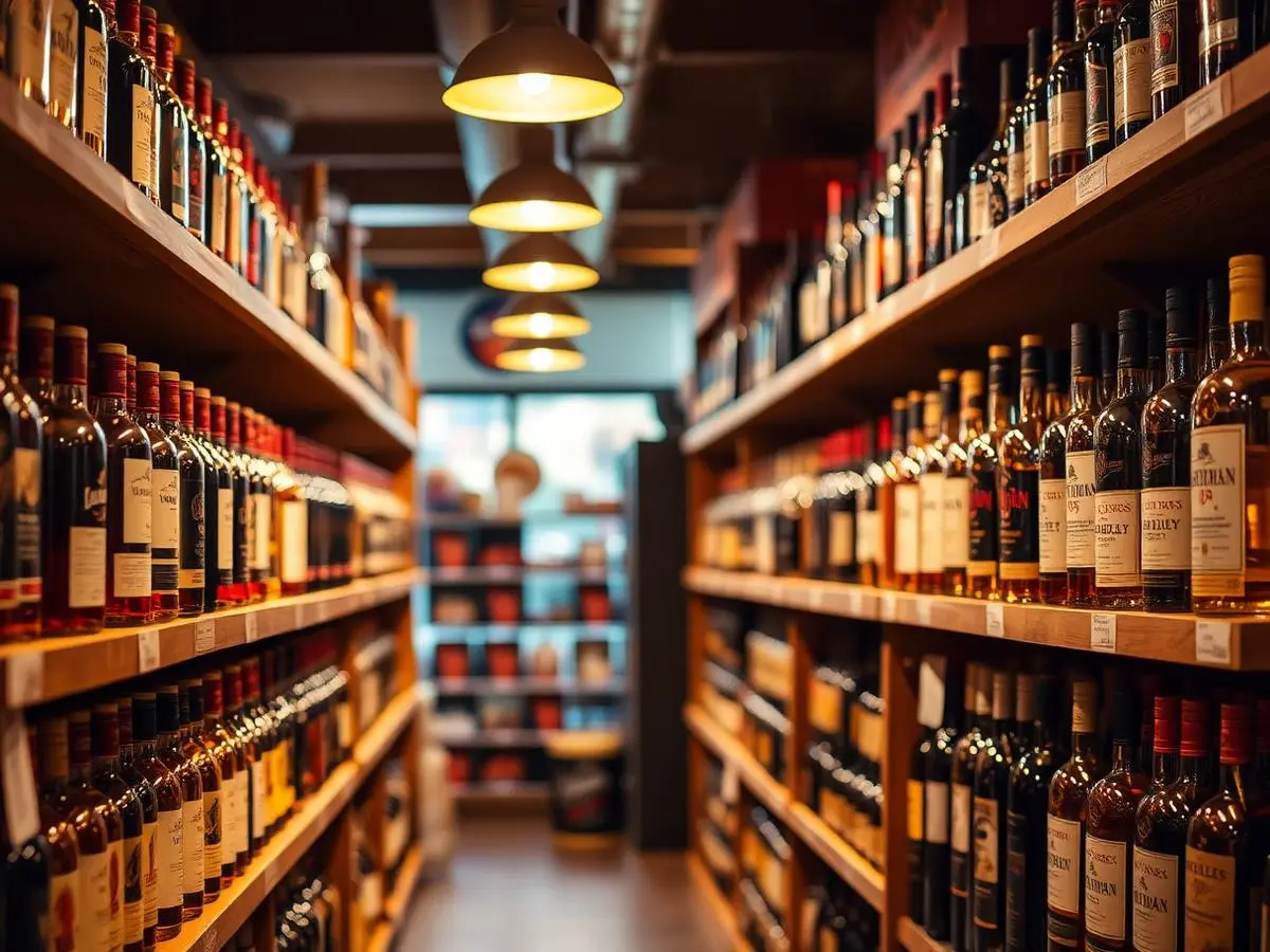 Wooden shelves stocked with wine and whiskey inside the store