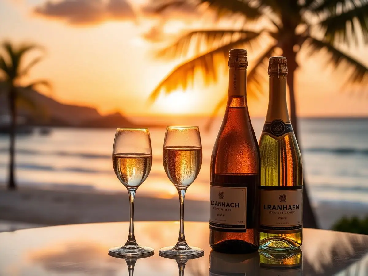 Chilled wine and champagne with two glasses at sunset